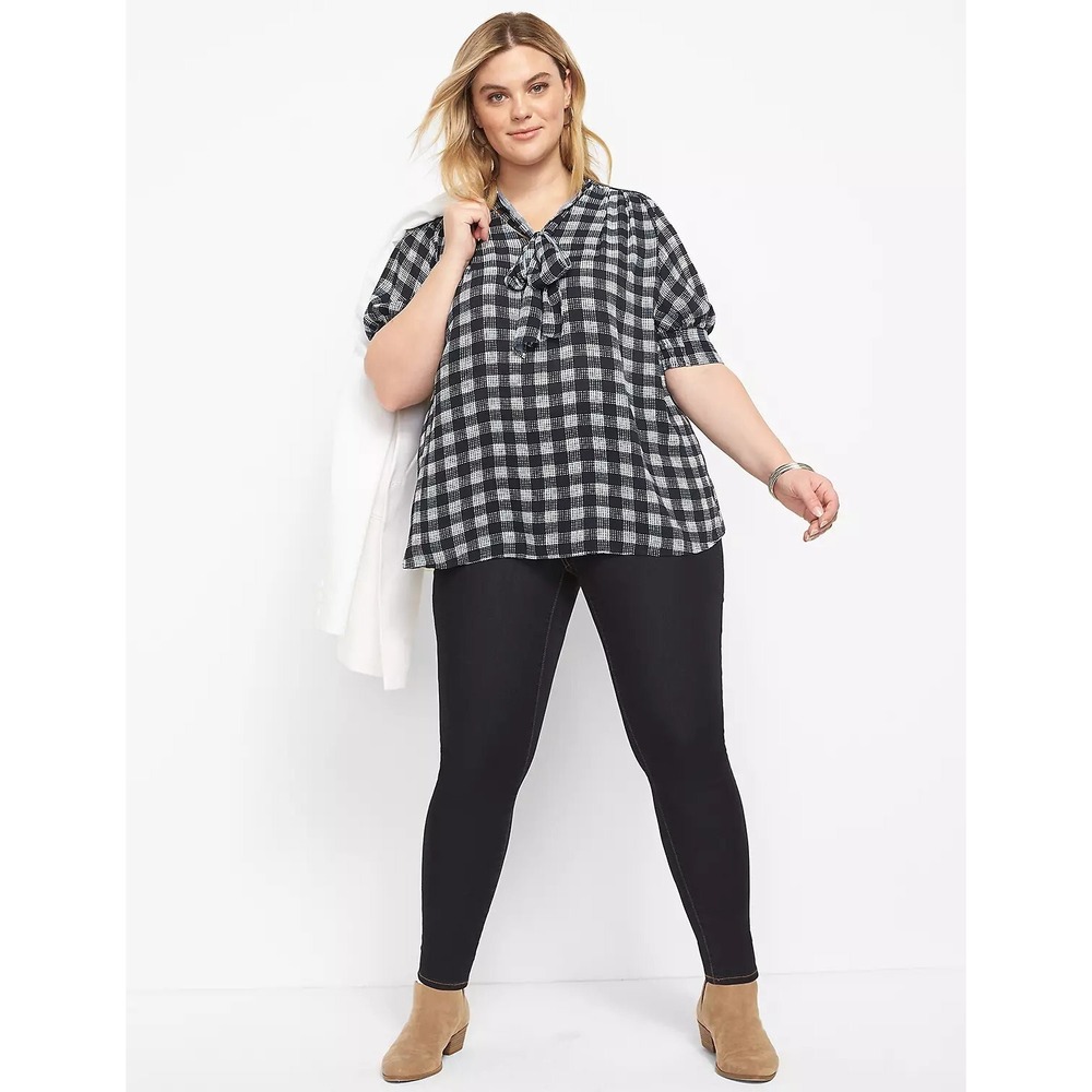 Lane Bryant Short Puff Sleeve‎ Tie-Neck Black & White Plaid Blouse Size 18 - Picture 3 of 9
